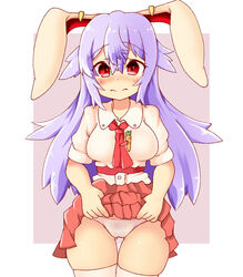 animal_ears ass_visible_through_thighs blush bunny_ears cameltoe embarrassed panties purple_hair red_eyes reisen_udongein_inaba skirt skirt_lift standing tagme thighhighs touhou white_panties yagi_paranoia