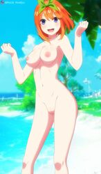 1girls absurd_res beach blue_eyes blush blush cute edit edited female female_only go-toubun_no_hanayome happy head_ribbon high_resolution highres looking_at_viewer mouse nakano_yotsuba naked nipple nipples nude nude_female open_mouth orange_hair pose posing pussy ribbon smile smiling smiling_at_viewer space-panda