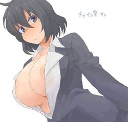 1girls big_areola big_breasts big_nipples black_hair blood_blockade_battlefront bob_cut chain_sumeragi cleavage clothed collared_shirt female female_only formal formal_attire formal_clothes formal_wear girl_in_suit image kekkai_sensen minakami minakami_(flyingman555) nipple_slip short_hair suit woman_in_suit