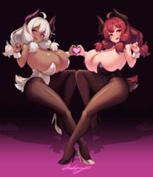 2girls ahoge breasts bunny_ears bunny_girl bunnysuit cleavage female female_only goat-chan_(enarane) goat_alter_(narane) goat_horns goat_tail heart high_heels horns huge_breasts junkpuyo light-skinned_female light_skin original pantyhose purple_eyes red_eyes red_hair tan_skin tanned tanned_skin white_hair