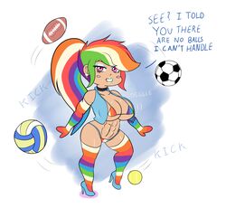 1girls annon balls bimbo breasts chibi cleavage equestria_girls eyeshadow football high_heels huge_breasts lipstick looking_at_viewer makeup mascara my_little_pony rainbow_clothing rainbow_dash_(mlp) rainbow_hair rainbow_lipstick red_eyes skimpy soccer_ball solo straight_hair tennis_ball text thick_thighs volleyball voluptuous wide_hips