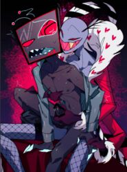 2boys anal anal_sex balls bite bite_mark black_skin blood censored coat color demon fishnet_stockings fishnets gasuguma grabbing_penis hand_on_chest hand_on_leg hand_on_penis handjob hazbin_hotel holding_hands implied_anal legs_up looking_at_partner looking_back looking_pleasured male male/male male_only male_penetrated male_penetrating mostly_clothed mostly_nude no_pupils on_bed pants pants_around_one_leg pants_down pants_pulled_down penis purple_skin reach_around red_eyes saliva sharp_teeth shirt sitting_on_lap smile smiling smooth_skin squint stockings sweat sweating thighs tv unbuttoned valentino_(hazbin_hotel) vivienne_medrano vox_(hazbin_hotel) yaoi