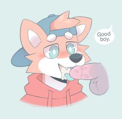 anthro arcadepup backwards_baseball_cap baseball_cap better_version_at_source blush bodily_fluids canid canine canis clothing coast_(arcadepup) cum cum_in_mouth cum_inside domestic_dog english_text gay genital_fluids genitals good_boy hat headgear headwear hi_res hoodie humanoid_genitalia humanoid_penis male mammal oral penis saliva saliva_on_penis shiba_inu solo spitz text tongue tongue_out topwear