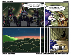 after_rape after_sex anthro blush bodily_fluids bound bukkake canid canine canis comic cum cum_on_face dark_hare detailed_background dialogue english_text evil_hare_(monster_rancher) feral gag genital_fluids group hare_(monster_rancher) lagomorph leonirikuz leporid male male/male mammal monster_farm rabbit shadowed_face text tiger_(monster_rancher) wolf