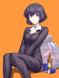 1girls bangs black_hair blood_blockade_battlefront bob_cut bottle chain_sumeragi clothed female female_only formal formal_attire formal_clothes formal_wear girl_in_suit hand_between_legs image kekkai_sensen orange_background short_hair sitting suit trash_bag woman_in_suit