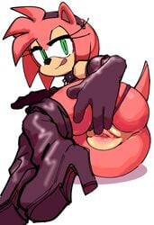 1girls amy_rose anus ass female gloves green_eyes high_heels inviting inviting_to_sex licking_lips long_gloves looking_at_viewer pussy seductive seductive_smile solo sonic_(series) spreading spreading_pussy tail thighhighs thong thong_aside watatanza white_background