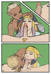 1boy 2girls assisted_fellatio bangs blonde_hair blue_eyes blue_lipstick braid cock_worship collaborative_fellatio comic dark-skinned_female dark_skin double_fellatio face_markings facepaint fellatio female female_focus green_background hand_on_head impa_(skyward_sword) licking licking_penis lipstick lipstick_on_penis lipstick_smear multiple_girls nintendo oral orange_eyes penis pm_draws pointy_ears princess_zelda short_hair simple_background skyward_sword teamwork the_legend_of_zelda triforce_mark twintails veiny_penis zelda_(skyward_sword)