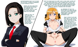 10s 1boy anus areolae artist_request black_legwear blonde_hair blue_eyes blush caption clothed_female_nude_male collarbone crossdressing femboy femdom flaccid foreskin himegoto humiliation looking_at_viewer maid maid_headdress male male_focus nipples no_panties open_clothes open_shirt penis precum shiny shiny_clothes shirt short_sleeves simple_background small_penis solo spread_legs testicles thighhighs toyotomi_hiro trap tuxedo uncensored white_background wrist_cuffs