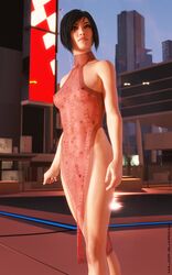 1girls 3d 3d_(artwork) abs asian asian_female black_hair clothing facial_tattoo faith_connors faith_connors_(mirror's_edge_catalyst) female female_only front_view human major_guardian mirror's_edge mirror's_edge_catalyst nipple_bulge pale_skin pelvic_curtain public see-through see-through_clothing see-through_dress solo solo_female tattoo