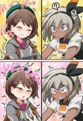 1futa 1girls 4koma backpack bag bea_(pokemon) brown_hair chocolate_and_vanilla clothed clothing comic crying crying_with_eyes_open cum dakkoku_jiro dark-skinned_female dark_skin duo ejaculation female futa_on_female futanari gloria_(pokemon) human implied_futanari implied_sex light_skin nintendo pale_skin pokemon pokemon_ss sex sweat tagme tearing_up tears translation_request