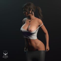 1girls 3d areolae big_breasts breasts brown_hair clothed_female clothing exposed_breasts female female_only lara_croft lara_croft_(survivor) nipples no_eyewear one_breast_out pendant shirt_down solo solo_female tomb_raider wildeerstudio