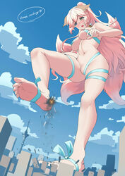 animal_ears blue_ribbon convenient_censoring destruction giantess kuro_oolong partially_nude pink_hair ribbon_bondage ribbons tagme_(character)