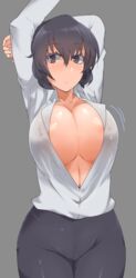 1girls arms_behind_head arms_up big_breasts black_eyes black_hair blood_blockade_battlefront breasts chain_sumeragi cleavage covered_nipples curvy dress_shirt erect_nipples female female_focus female_only grey_background kekkai_sensen minakami minakami_(flyingman555) navel shirt thick_thighs unbuttoned white_shirt