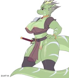 anthro battle_franky breasts clothed clothing female female_only genitals green_body grey_hair hair horns lizard nipples partially_clothed pussy red_eyes simple_background solo tail two_tone_body weapon white_background