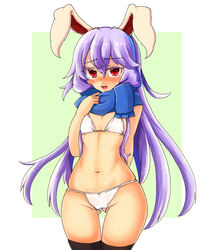 animal_ears ass_visible_through_thighs blush bunny_ears flat_chest navel purple_hair red_eyes reisen_udongein_inaba scarf standing swimsuit tagme thighhighs touhou yagi_paranoia