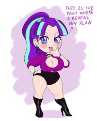1girls annon bimbo blue_eyes blue_hair breasts chibi cleavage equestria_girls eyeshadow female friends high_heel_boots high_heels huge_breasts lipstick long_hair makeup mascara my_little_pony skimpy solo starlight_glimmer text thick_thighs thinking voluptuous wide_hips