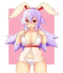 animal_ears blush breasts bunny_ears large_breasts no_panties panties purple_hair red_eyes reisen_udongein_inaba standing tagme touhou white_panties yagi_paranoia