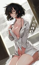 1girls bangs between_legs big_breasts black_hair blood_blockade_battlefront bob_cut bottomless chain_sumeragi cleavage dress_shirt female female_only goomrrat_(グムラット) hand_between_legs kekkai_sensen no_panties short_hair thermometer unbuttoned_shirt white_shirt