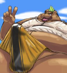 2021 absurd_res anthro ashigara balls_outline brown_body brown_fur bulge clothed clothing erection erection_under_clothing fur genital_outline hi_res humanoid_hands kemono male mammal overweight overweight_anthro overweight_male penis_outline solo t_t_792 tokyo_afterschool_summoners tongue tongue_out underwear ursid video_games