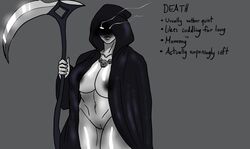 bbw dark_nipples four_horsemen grey_skin grim_reaper hood large_breasts milf phantomas(artist) pubes scythe shaved_pussy the_four_horsemen