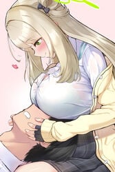 1boy 1girls abydos_high_school_student big_breasts black_hair black_skirt blonde_hair blue_archive blush bra bra_visible_through_clothes breasts breasts_on_head foreclosure_task_force_(blue_archive) green_eyes heart-shaped_pupils lap_pillow large_breasts long_hair looking_down male miniskirt nonomi_(blue_archive) oppai pleated_skirt see-through see-through_clothing skirt ushimittsu white_shirt