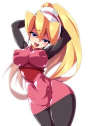 1girls arms_behind_head big_breasts blonde_hair blue_eyes ciel_(mega_man) female hips legwear long_sleeves mega_man mega_man_zero nipples_visible_through_clothing plain_background puffy_nipples semikichi skin_tight voluptuous wide_hips