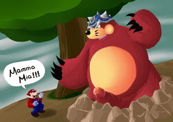 2011 anthro armor caesarcub clothing duo erection eulipotyphlan genitals hat headgear headwear helmet human major_burrows male male_only mammal mario mario_(series) mole_(animal) nintendo overalls overweight overweight_male penis plant shirt super_mario_galaxy text topwear tree video_games