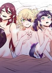 3girls after_sex amazed bed bedroom blanket blonde_hair blush brown_fingernails colored_nails dark_brown_hair eyepatch female female_focus female_only fischl_(genshin_impact) genshin_impact green_eyes holding_hands hu_tao_(genshin_impact) implied_sex mona_(genshin_impact) pillow post_orgasm purple_hair red_eyes steam steamy_breath sweat sweaty sytokun tagme yuri