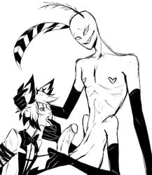 2boys 4_arms alastor_(hazbin_hotel) arms_behind_back arms_tied arms_tied_behind_back big_penis black_and_white blush borossir clothed deer demon drooling erect_penis erection gloves hand_on_balls hand_on_head hazbin_hotel heart-shaped_nipples looking_at_partner looking_at_penis looking_down looking_pleasured male male/male male_only naked nude open_mouth penis saliva saliva_trail smile smiling smooth_skin tongue tongue_grab tongue_out valentino_(hazbin_hotel) vivienne_medrano yaoi