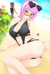 1girls ao1sweet aoitamon artist_signature ass beach big_breasts black_clothing black_swimsuit blush breasts cleavage collarbone female female_only glasses green_eyes hairband heart_glasses licking_lips long_hair looking_at_viewer navel on_side one-piece_swimsuit pale-skinned_female pale_skin pink_hair plant red_glasses roblox roblox_avatar sand solo solo_female stomach sunglasses sunglasses_on_head swimsuit thighs tongue water white_hairband