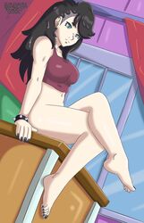 artist_request ass big_breasts black_hair black_nails black_toenails breasts cosplay crossed_legs dated english_text feet female game_freak gothic long_hair marnie_(pokemon) marnie_(pokemon)_(cosplay) nintendo office pokemon pokemon_ss secretary selan sitting solo spiked_bracelet text thick_thighs toes unknown_artist