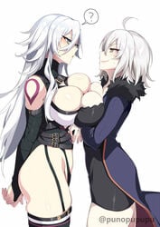 2021 2girls :o aged_up ahoge alternate_costume artist_signature awkward_smile bandages belt breast_press breasts clothed exposed_shoulders facial_scar fate/apocrypha fate/grand_order fate_(series) female female_only fur_trim garter_straps green_eyes jack_the_ripper_(fate) jack_the_ripper_(fate/apocrypha) jacket jeanne_alter jeanne_d'arc_(alter)_(fate) large_breasts long_gloves long_hair markings modified_costume nervous_smile nervous_sweat panties punopupupu scar short_hair spoken_question_mark symmetrical_docking thighhighs thighs white_background white_hair yellow_eyes zeroshiki_kouichi