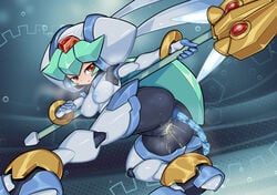 1girls absurdres anal_object_expulsion android anus artificial_skin ass blue_anus blue_nipples blue_pussy blush breasts clitoris clothed female forehead_jewel green_hair half-closed_eyes heavy_breathing high_resolution highres hybrid jewelry looking_at_another looking_back mega_man mega_man_zx multicolored_skin open_mouth pandora_(mega_man) partially_clothed peeing pochincoff pseudo_scat pussy red_eyes reploid robot robot_girl sideboob smile solo steam steaming_body uncensored unusual_scat urine weapon white_breasts