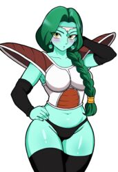 1girls 2019 absurd_res alien alien_girl armor armpits black_panties braid breastplate breasts clothing detached_sleeves dragon_ball dragon_ball_z earrings eyes_visible_through_hair female female_only genderswap_(mtf) green_hair green_skin hand_on_head hand_on_hip headband hi_res highres jewelry large_breasts lipstick long_ponytail looking_at_viewer makeup navel nigori_(6_9_love) panties pauldrons ponytail purple_lipstick rule_63 shiny shiny_skin shoulder_pads simple_background single_braid solo standing thick_thighs thighhighs thighs underwear white_background yellow_eyes zarbon