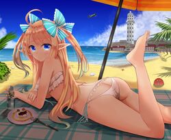 1girls ahoge alternate_costume ass ass_cleavage azur_lane beach bikini blonde_hair blue_eyes blue_sky bow breasts butt_crack cake centaur_(azur_lane) female frilled_bikini frills hair_bow lighthouse looking_at_viewer looking_back lying medium_breasts ocean on_stomach pointy_ears shade side-tie_bikini smile solo starfish string_bikini suisui_(hakkindou) swimsuit white_bikini