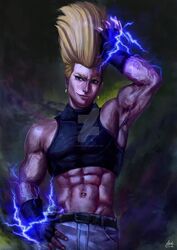 1boy 2017 annoying_watermark azidfaiza11 benimaru_nikaido date detailed_background electricity grin king_of_fighters looking_at_viewer male_only muscular muscular_male posing serious_look signature snk solo_male tagme