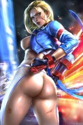 1girls alternate_costume alternate_version_available ass ass_focus big_ass blonde_hair blue_eyes cammy_white dat_ass dick_sucking_lips female female_only functionally_nude jacket logan_cure medium_breasts nipples scar short_hair solo street_fighter street_fighter_6 sweat thick_lips union_jack