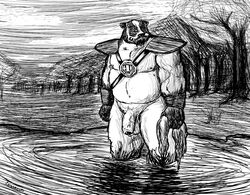 2013 anthro badger balls caesarcub flaccid genitals humanoid_genitalia humanoid_hands humanoid_penis lake male male_only mammal monochrome musclegut mustelid musteline outside overweight overweight_anthro overweight_male penis solo solo_male water