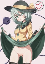 1girls :3 ass_visible_through_thighs black_legwear dress_lift green_eyes green_hair hat headwear koishi_komeiji kumasan_(kumazonjp) kumazon no_panties pussy thighhighs thighs third_eye touhou yellow_clothing