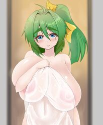 1girls areola blue_eyes blush daiyousei female green_hair large_breasts nipples sha-pei_sahei smile tagme touhou towel upper_body