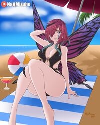 1girls adjusting_hair alternate_costume arm_behind_head ass bare_legs beach beach_ball black_swimsuit blue_eyes cleavage fairy fairy_wings fire_emblem fire_emblem_heroes hair_over_one_eye large_ass large_breasts medium_hair naijmizuho nintendo ocean one-piece_swimsuit parasol pointy_ears purple_hair sand seaside solo swimsuit thick_thighs triandra_(fire_emblem) umbrella violet_hair