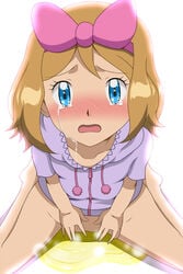 1girls 2010s accident aki_(yunkana) blackjoe01 blonde_hair blue_eyes blush bottomless bow clothing collarbone crying female female_focus hairbow highres looking_at_viewer looking_up nintendo no_panties open_mouth peeing pink_bow pokemon pokemon_xy serena_(pokemon) short_sleeves sitting solo sparkle steam tears wariza white_background