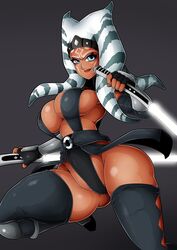 1girls ahsoka_tano alien alien_humanoid belt big_breasts black_clothing black_socks blue_eyes breasts clothed clothing eyelashes facial_markings fingerless_gloves gauntlets gloves greaves happy headband holding_object holding_sword holding_weapon humanoid jumping latex lightsaber long_socks montrals orange_skin poleyn simple_background smile socks star_wars sword the_mandalorian thick_thighs thighhighs thighs white_lightsaber witchking00