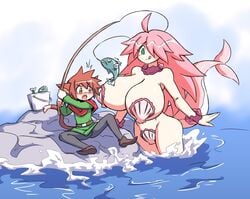 1boy 1girls ahoge animal_ears animal_tail blush brown_hair bucket collarbone eyebrows_visible_through_hair female fish fish_girl fish_tail fishing_rod green_eyes hair_over_one_eye huge_breasts large_breasts long_hair male ocean open_mouth orange_eyes original outdoors pasties paulgq pink_hair sea seashell seashell_pasties shell sitting smaller_male smile standing star-shaped_pupils surprised tail taller_female tongue tongue_out water