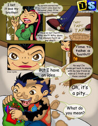 arms big_breasts black_hair breasts brother candy closed_eyes clothed comic drawn-sex.com eating english english_text female footprints hands juniper_lee legs lipstick long_hair male mud nipples open_mouth ray_ray_lee see-through see-through_clothing short_hair sister smile speech_bubble teeth text the_life_and_times_of_juniper_lee tongue ujinko