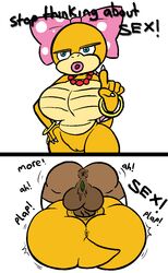 1boy 1girls anonymous_artist anus balls belly_scales big_breasts bimbo breasts comic dark-skinned_male female from_front_position genitals intersex intersex/female koopa koopaling mario_(series) mating_press nintendo onomatopoeia penetration penis pussy scales scalie sex sound_effects stop_thinking_about_sex text vaginal_penetration video_games wendy_o._koopa wide_hips