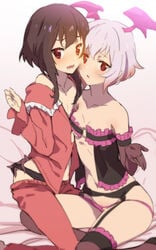 2girls az210309 black_panties blush brown_hair embarrassed female female_only kono_subarashii_sekai_ni_shukufuku_wo! looking_at_viewer megumin multiple_girls pink_panties red_eyes shinjin_succubus_(konosuba) short_hair small_breasts stockings succubus succubus_costume white_hair