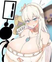 anastasia_(fate) bangs blue_eyes blush cleavage cleavage_cutout crossover detached_sleeves doll fate/grand_order fate_(series) game_and_watch hair_ornament headband large_breasts long_hair looking_at_viewer minecraft mr._game_and_watch necklace skeletons62 steve_(minecraft) white_hair