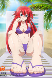 ahoge beach bikini blue_eyes blush breasts cameltoe chair cleavage feet female female_focus flip-flops foot_fetish foot_focus high_school_dxd long_hair ocean palm_tree patreon_username purple_bikini red_hair rias_gremory sand sandals smile solo swimsuit toes tree water watermark web_address zorzero