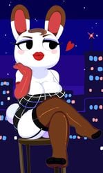 animal_crossing big_breasts brown_hair dream-cassette elbow_gloves erect_nipples gloves hoshime latex latex_gloves nintendo nipples_visible_through_clothing rabbit solo stockings tiffany_(animal_crossing) white_fur